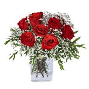 Buquê de rosas vermelhas e gypsophila